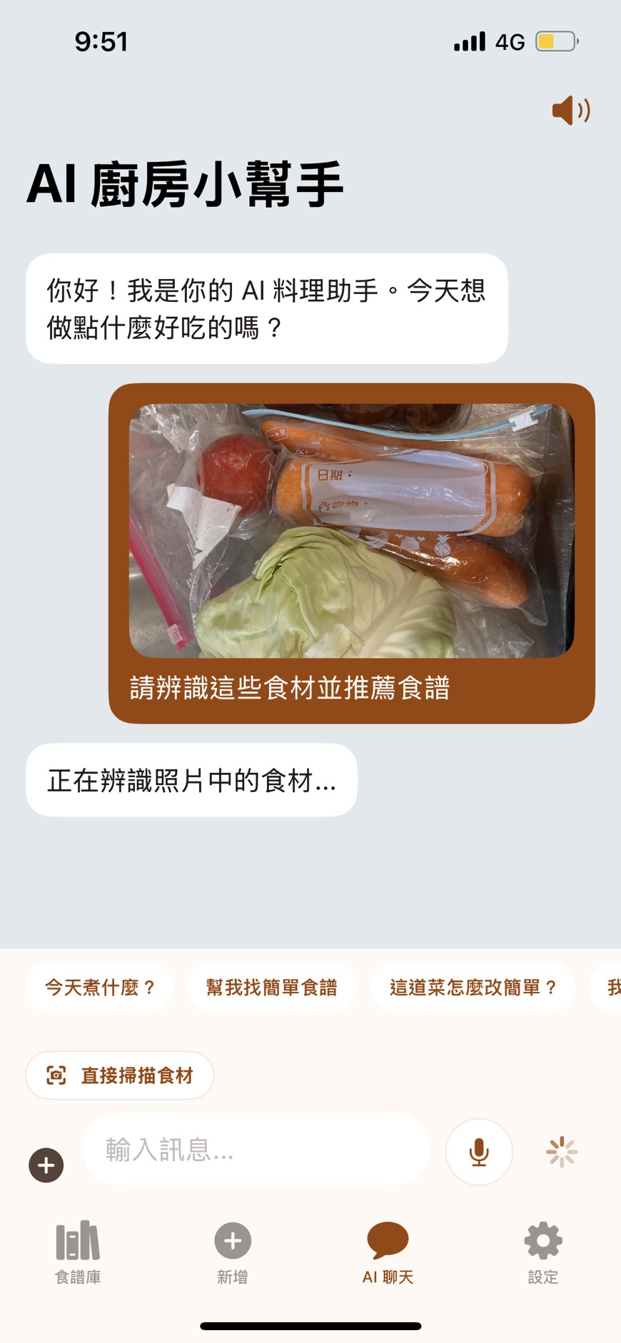 AI 聊天辨識食材照片並推薦料理的畫面